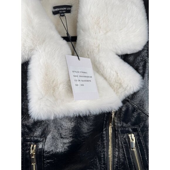 NWT Generation Love Dion Faux Fur Shearling Moto Jacket Black White Size XXS - Picture 6 of 7